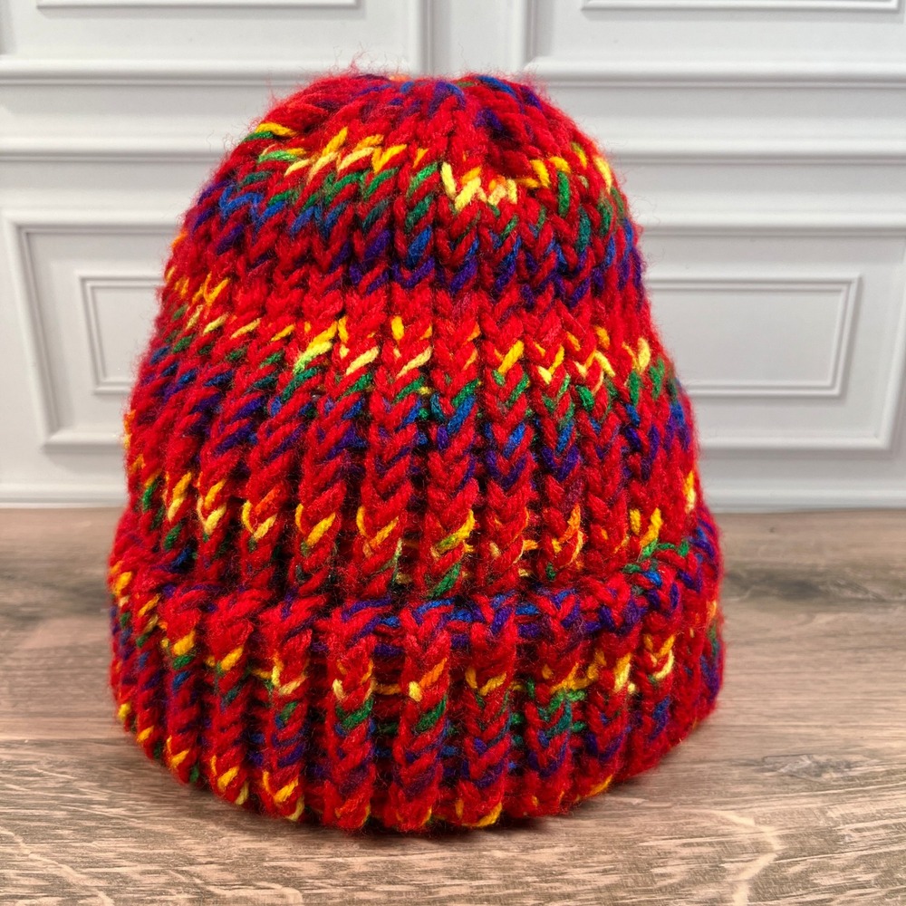 Handmade Beanie Hat Multicolor Red Chunky Knit Ribbed Winter Cap Unisex OS